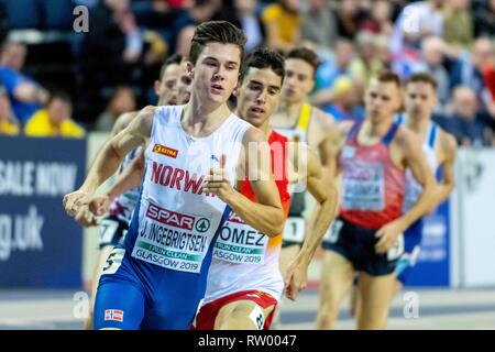 Glasgow, Schottland, Großbritannien. 03 Mär, 2019. INGEBRIGTSEN Jakob noch konkurrieren in der 1500 m Männer Final Event während der Tag drei der Europäischen Leichtathletik Indoor Championships 2019 im Emirates Stadion in Glasgow, Schottland, Vereinigtes Königreich. 3.03.2019 Credit: Cronos/Alamy leben Nachrichten Stockfoto