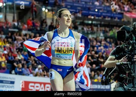 Glasgow, Schottland, Großbritannien. 03 Mär, 2019. MUIR Laura GBR konkurrieren in der 1500 m Frauen Finale während der Tag drei der Europäischen Leichtathletik Indoor Championships 2019 im Emirates Stadion in Glasgow, Schottland, Vereinigtes Königreich. 3.03.2019 Credit: Cronos/Alamy leben Nachrichten Stockfoto