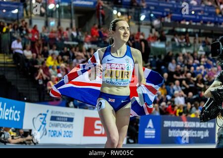 Glasgow, Schottland, Großbritannien. 03 Mär, 2019. MUIR Laura GBR konkurrieren in der 1500 m Frauen Finale während der Tag drei der Europäischen Leichtathletik Indoor Championships 2019 im Emirates Stadion in Glasgow, Schottland, Vereinigtes Königreich. 3.03.2019 Credit: Cronos/Alamy leben Nachrichten Stockfoto