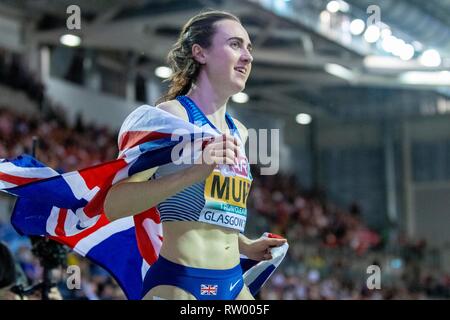 Glasgow, Schottland, Großbritannien. 03 Mär, 2019. MUIR Laura GBR konkurrieren in der 1500 m Frauen Finale während der Tag drei der Europäischen Leichtathletik Indoor Championships 2019 im Emirates Stadion in Glasgow, Schottland, Vereinigtes Königreich. 3.03.2019 Credit: Cronos/Alamy leben Nachrichten Stockfoto