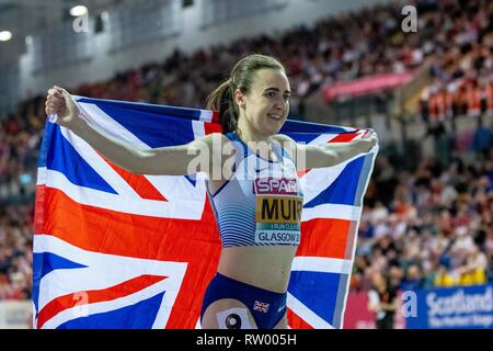 Glasgow, Schottland, Großbritannien. 03 Mär, 2019. MUIR Laura GBR konkurrieren in der 1500 m Frauen Finale während der Tag drei der Europäischen Leichtathletik Indoor Championships 2019 im Emirates Stadion in Glasgow, Schottland, Vereinigtes Königreich. 3.03.2019 Credit: Cronos/Alamy leben Nachrichten Stockfoto