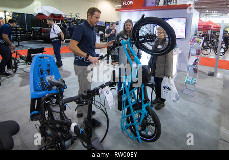 Toronto, Kanada. 3 Mär, 2019. Besucher Blick auf ein elektrisches Fahrrad während der 2019 Toronto International Bicycle Show in Toronto, Kanada, am 3. März 2019. Als einer der größten Fahrrad Verbraucher zeigt in der Welt, das jährliche internationale Bike Show vom 1. bis 3. März stattfand, mit den meisten up-to-date Anzeige von neuen Fahrrädern, Zubehör und Bekleidung aus über 175 Aussteller. Credit: Zou Zheng/Xinhua/Alamy leben Nachrichten Stockfoto