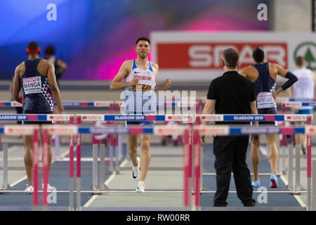 Glasgow, Schottland, Großbritannien. 3. März, 2019. Andrew Pozzi (GBR) in der Männer 60 m Hürden Finale während der Europäischen Leichtathletik Indoor Championships Glasgow 2019 im Emirates Arena am Sonntag, den 03. März 2019. GLASGOW SCHOTTLAND. (Nur redaktionelle Nutzung, eine Lizenz für die gewerbliche Nutzung erforderlich. Keine Verwendung in Wetten, Spiele oder einer einzelnen Verein/Liga/player Publikationen.) Credit: Taka G Wu/Alamy Nachrichten Stockfoto