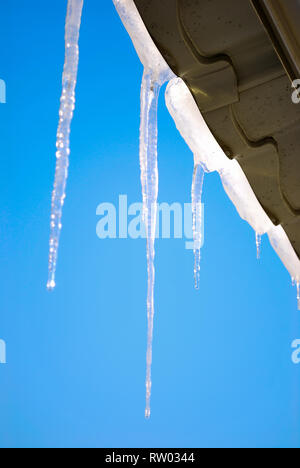 Eiszapfen vom Dach hängend in den Strahlen der Sonne gegen den blauen Himmel Stockfoto