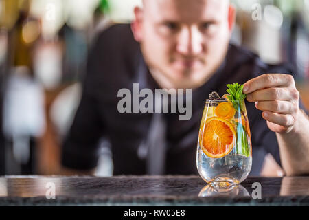 Professionelle Barkeeper Dekoration Gin Tonic Cocktail trinken und mit Minze Kräuter eingerichtet. Stockfoto