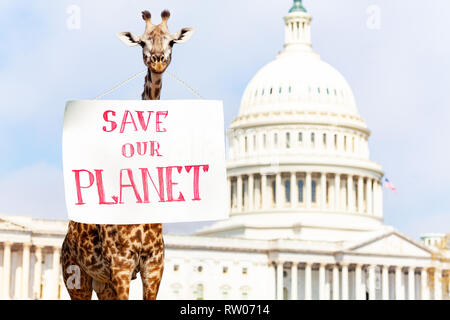 Tier Giraffe protest Konzept vor der USA Capitol in Washington halten Schild unseres Planeten Stockfoto