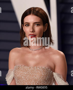 BEVERLY HILLS, Kalifornien - 24. Februar: Emma Roberts besucht 2019 Vanity Fair Oscar Party im Wallis Annenberg Center für Darstellende Künste auf Firma Febru Stockfoto