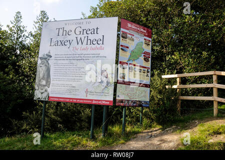 Eine große visitorÕs Informationen vom Vorstand über den nahe gelegenen Laxey WheelÕ bei Laxey, ein paar Meilen nördlich von Douglas auf der Isle of Man, Großbritannien. Bekannt Stockfoto