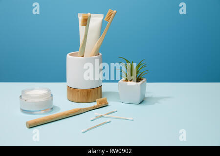 Halter für Zahnbürsten, kosmetische Creme und Pflanze im Topf am Tisch und blauer Hintergrund Stockfoto