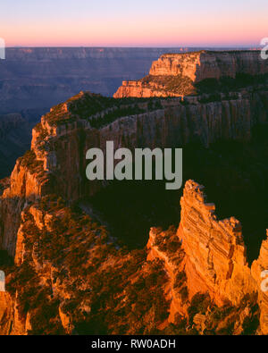 USA, Arizona, der Grand Canyon National Park, North Rim, Sunrise Licht erhellt Wotans Throne, vom Cape Royal. Stockfoto