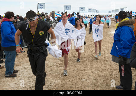 Chicago, IL - März 2, 2014 - Hunderte von brave Chicagoans zeigte sich in das Einfrieren Lake Michigan Wasser bei der jährlichen Polar Plunge Ereignis springen ein Stockfoto