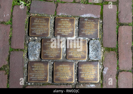 Niederlande, Gouda, 2017, Stolpersteine, oder Stolpersteine sind Memorial Messingplatten in den Bürgersteig außerhalb bestimmter Häuser oder Abschiebung platziert Stockfoto