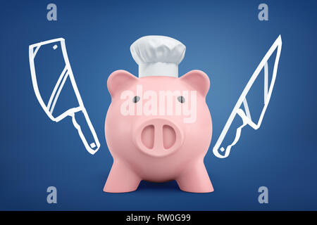 3D-Rendering von rosa Sparschwein mit Chef hat und zwei Messer auf blauem Hintergrund gezeichnet Stockfoto