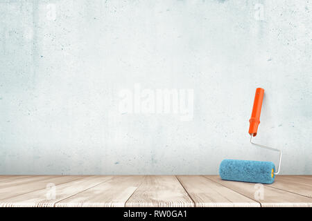 3D-Rendering von farbroller auf weißem Holzfußboden und weiße Wand im Hintergrund Stockfoto