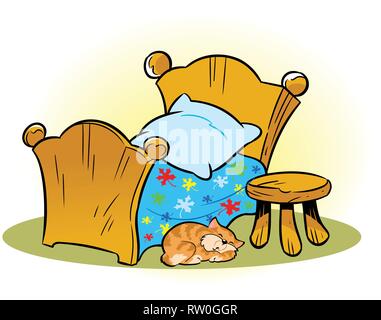 Die Abbildung zeigt einen kleinen Holz- Bett und einen Stuhl. Auf dem Fußboden, schlafende Katze. Abbildung auf separaten Layern in einem Cartoon Stil. Stock Vektor