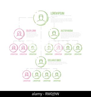Unternehmen Management Hierarchie schema Vorlage mit thin line Profil Symbole - Rosa und Grün Farbe Version Stock Vektor