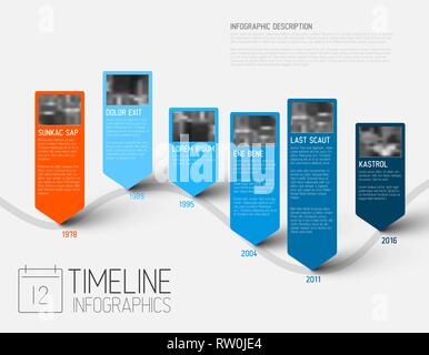 Bunte Infografik typografischen timeline Berichtvorlage mit die größten Meilensteine, Fotos, Jahre und Beschreibung - blaue Version Stock Vektor