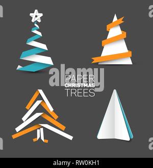Sammlung von vier Weihnachtsbäume aus weißem Papier oder Weiß, Blau und Orange Papierstreifen auf dunklem Hintergrund gemacht Stock Vektor