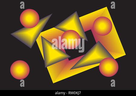 Gruppe des gelben geometrische Figuren mit den Gradienten auf schwarzem Hintergrund Stock Vektor