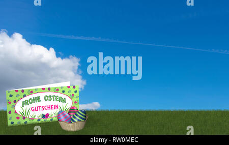 Geschenkkarte und Ostern Korb auf der grünen Wiese mit blauen Himmel. Mit Text in Deutsch: Frohe Ostern und Beleg. 3D-Rendering Stockfoto