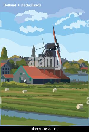 Vector Illustration der Wassermühle in Amsterdam (Niederlande, Holland). Wahrzeichen von Holland. Wassermühle auf der Wiese. Farbenfrohe Vector Illustration. Stock Vektor