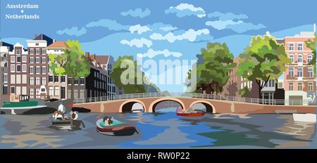 Stadtbild mit Brücke über die Kanäle von Amsterdam, Niederlande. Wahrzeichen der Niederlande. Bunte vektor Illustration. Stock Vektor