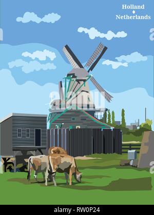 Vektor bunte Abbildung: Wassermühle in Amsterdam (Niederlande, Holland). Wahrzeichen von Holland. Wassermühle und grasende Kühe auf der Wiese. Stock Vektor