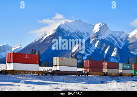 Ein kanadischer nationaler Güterzug, der eine Ladung von Containerautos durch den schneebedeckten felsigen Berg von Alberta Kanada schleppt. Stockfoto