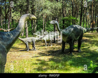 Vulcanodon Sauropods im Wald, Herde von sauropods, Eltern und Nachkommen. Stockfoto