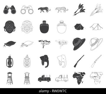 Afrika, Tier, Tasche, Fernglas, schwarz, Outline, Auto, Sammlung, Dart, Verteidigung, Diamanten, Elefant, Unterhaltung, Ausrüstung, Flasche, Hut, Hobby, Jagd, Jäger, Icon, Illustration, isoliert, Kerosin, Lampe, Leopard, Karte, Maske, Natur, Gewehr, Safari, Savanne, Savannah, Vogelscheuche, Set, Schild, Speer, Symbol, Zelt, Gebiet, Reisen, Baum, Stamm, Trophäe, Tropen, Vector, Wachturm, Wasser, wilde Vektor Vektoren, Stock Vektor