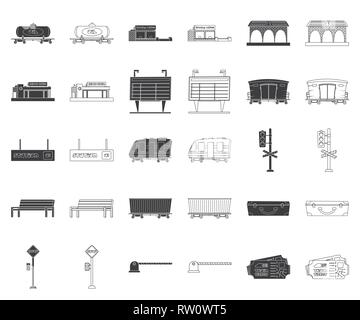 Diesel, Tank, ticket-Büro, Plattform, Architektur, Ankunft, Schlitten, Board, elektrisch, Semaphore, Sitzbank, Tasche, Stop, Barriere, Pass, Lokomotive, Zisterne, Buchung, Gebäude, Bau, Info, Coach, Verkehr, Stuhl, Koffer, Parkplatz, Gutschein, Bahn, Bahnhof, Bahn, Ticket, Eisenbahn, Bahn, Reisen, Reise, Logistik, Transport, Set, collection, Vector, Symbol, Web, Logo, Illustration, Design, isoliert, Symbol, Zeichen, Schwarz, Kontur, Farbe Vektor Vektoren, Stock Vektor