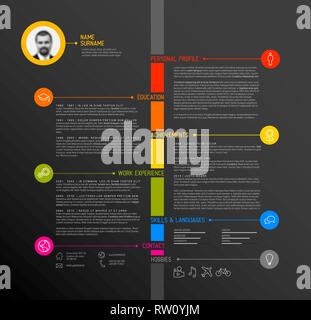Vektor minimalistischen CV/Lebenslauf Vorlage - minimalistische dunkle Version, mit Timeline in der Mitte Stock Vektor