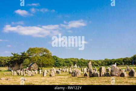 Schöne Sicht auf die standing stones Ausrichtungen, Menhire in Carnac, Bretagne, Frankreich. Megalithische Wahrzeichen Stockfoto