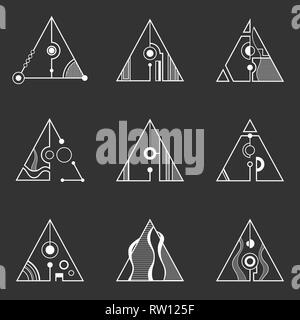 Sammlung der Dreiecke, mit Linien und Kreisen getrennt. Set mit geometrischen Elementen, auf dunklem Hintergrund. Line Design. Abstraktion. Stock Vektor