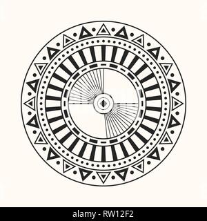 Abstrakte kreisförmiges Ornament. Ethnische Mandala. Stilisierte Sonne Symbol. Rosette von geometrischen Elementen. Ethnische Tribal Motiv. Schablone Tattoo und druckt. Stock Vektor