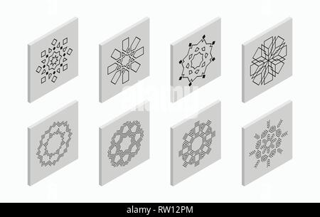 Isometrische Symbole mit abstrakten symmetrischen Symbole. Wohnung 3 D Fliesen, geometrische Logos, auf hellgrauem Hintergrund isoliert. Vector Illustration. Stock Vektor