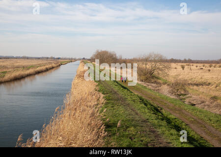 Wanderer zu Fuß neben Burwell Fen, Burwell im Februar, Cambridgeshire East Anglia UK Stockfoto