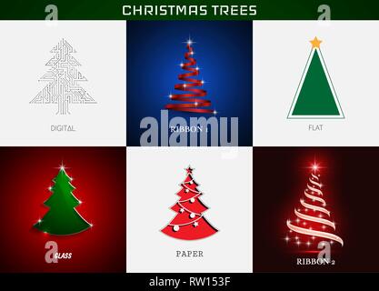 Einstellen der Weihnachtsbäume: digital, Ribbon, flach, Glas. Vektor. Stock Vektor