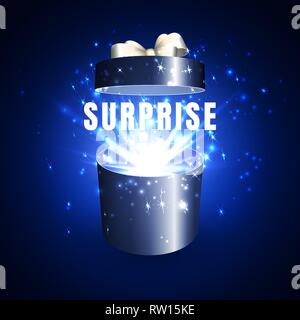 Öffnen Geschenkkarton mit Überraschung und magische Licht Feuerwerk. Stock Vektor