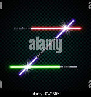 Neonlicht Schwerter. gekreuzt Licht Säbel, Flash und funkelt. Vector Illustration isoliert auf transparenten Hintergrund. Stock Vektor