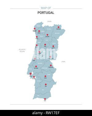 Portugal Vektorkarte. Editierbare Vorlage mit Regionen, Städte, rote und blaue Fläche auf weißem Hintergrund. Stock Vektor