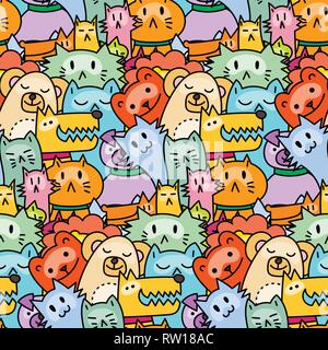 Seamless pattern with cute animals. Dogs, Cats, lion. Vector illustration Stock Vektor