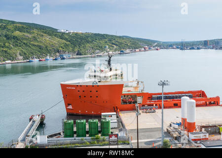 Atlantic Heron Offshore Supply Schiff angedockt in St. John's, Neufundland, Kanada, Sommer 2018 Stockfoto