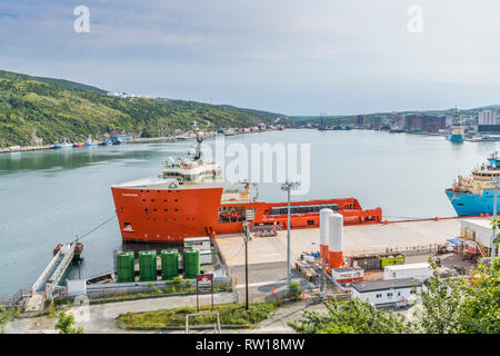 Atlantic Heron Offshore Supply Schiff angedockt in St. John's, Neufundland, Kanada, Sommer 2018 Stockfoto