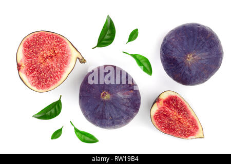 Abb. Früchte mit Blättern auf weißem Hintergrund. Ansicht von oben. Flach Muster Stockfoto