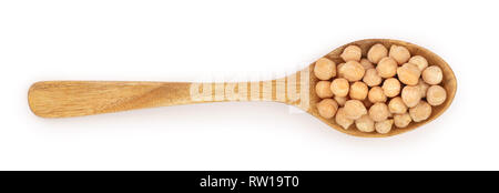 Chemische Rohstoffe Bio Kichererbsen in hölzernen Löffel auf weißem Hintergrund. Ansicht von oben Stockfoto