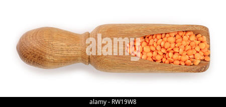 Rote Linsen in Holz- Schaufel auf weißem Hintergrund. Ansicht von oben Stockfoto