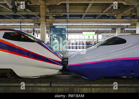 TOKYO, Japan - 24 Okt 2018 - Kopplung von zwei Shinkansen high-speed bullet Züge von JR East am Tokio Bahnhof betrieben. Stockfoto