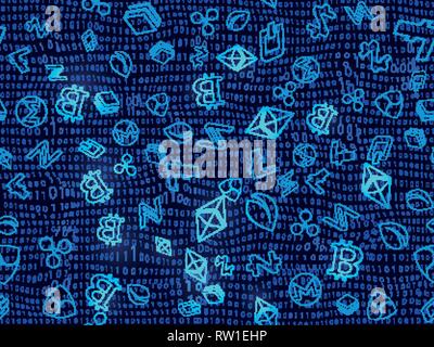 Cryptocurrency rund um die Welt. Nahtlose Hintergrund. Crypto Währungssymbol Stock Vektor