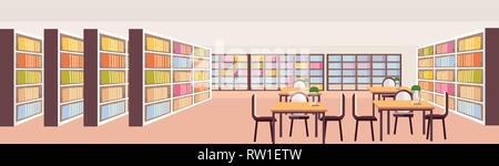 Moderne Bibliothek Innenraum Bücherregale mit Büchern leer keine Personen Zimmer Arbeitsplatz Lesen Schreibtische Studie Bereich Bildung wissen Konzept waagrechten Stock Vektor